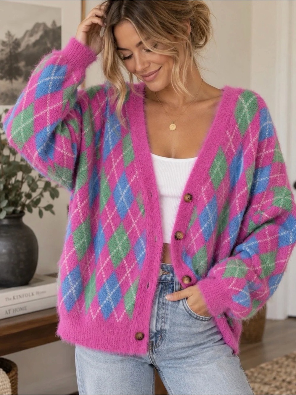 Very J Pink Fuzzy Argyle Cardigan Large Oversized Preppy Grandpa Core Clueless